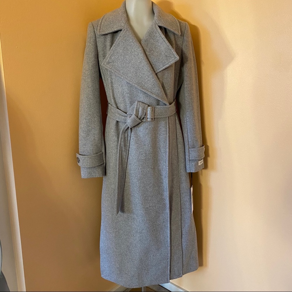 CALVIN KLEIN Wool-Blend Light Grey Belted Coat NWT